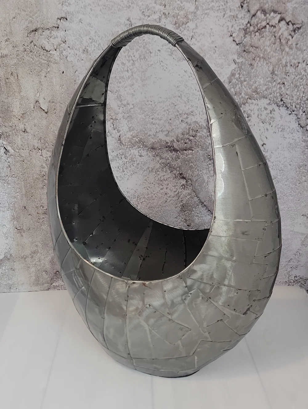 Modern Brutalist Metal Crescent Basket - Silver Home Art Accent
